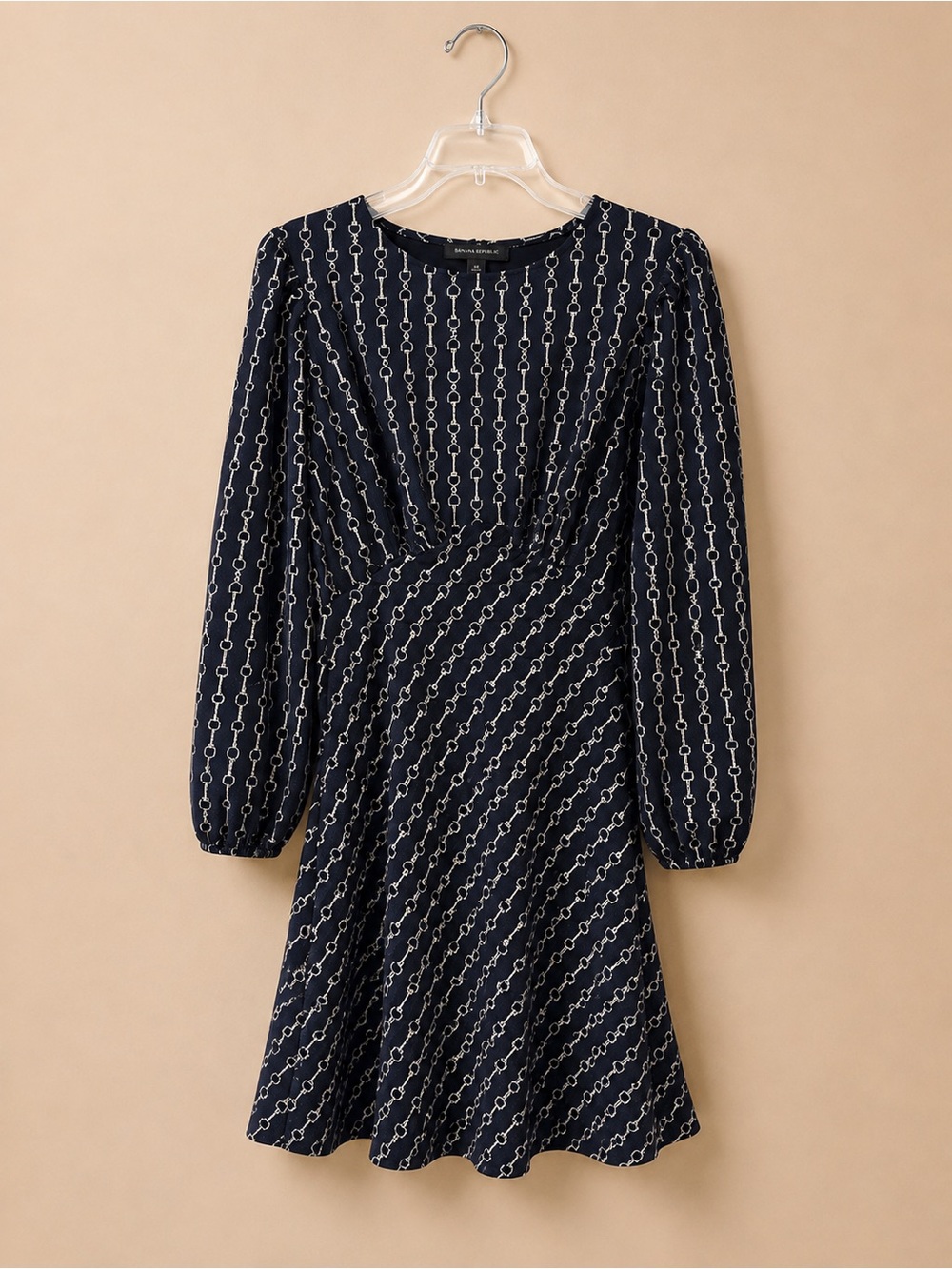 NWOT Express Black Chain Print Long Sleeve Empire Waist Mini Fit & Flare Dress L